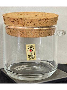 Handblown Pilgrim Glass Kitchen Chemistry Jar Cork Lid 4" Canister Food Storage